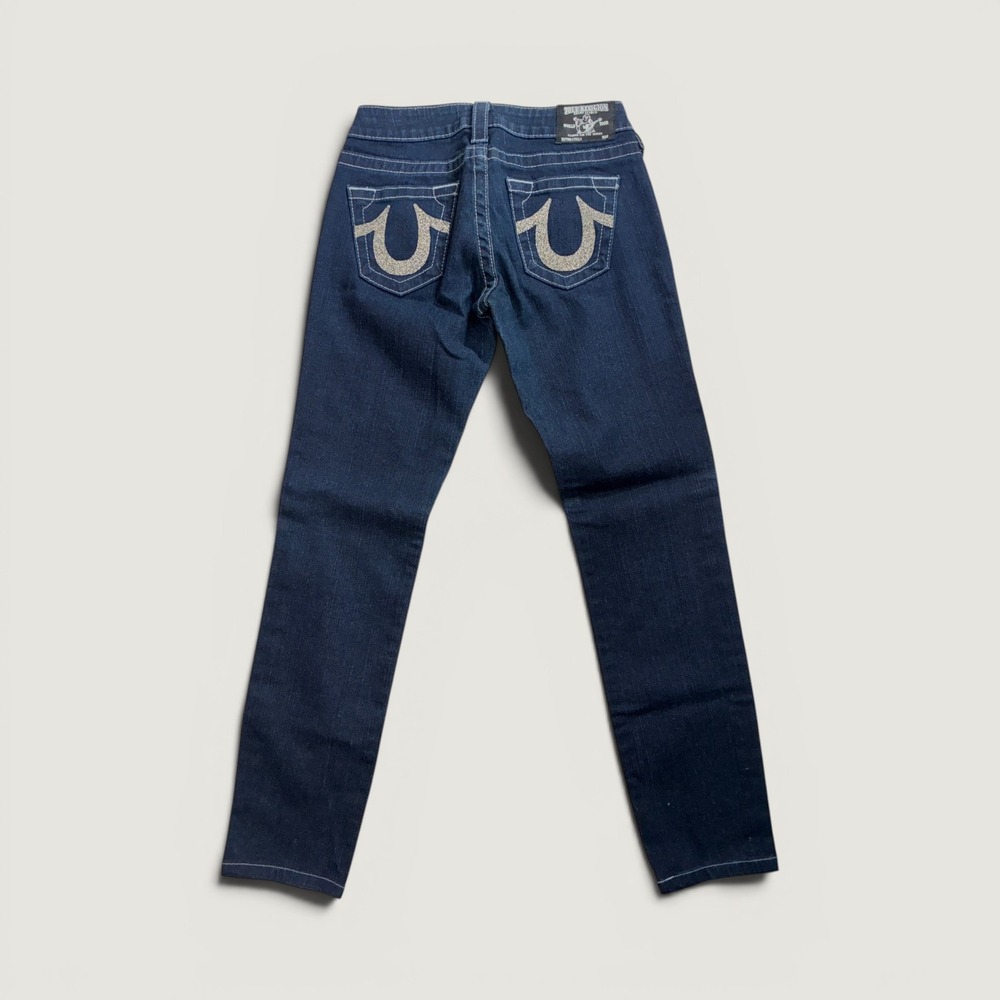 True Religion Stella Skinny Jeans Womens 27 Dark Wash Pink Glitter Horseshoe